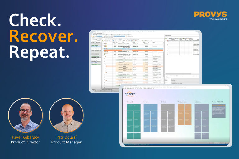 PROVYS Sphere webinar visual with two product screenshots and speakers Petr Dolejší and Pavel Koběrský.